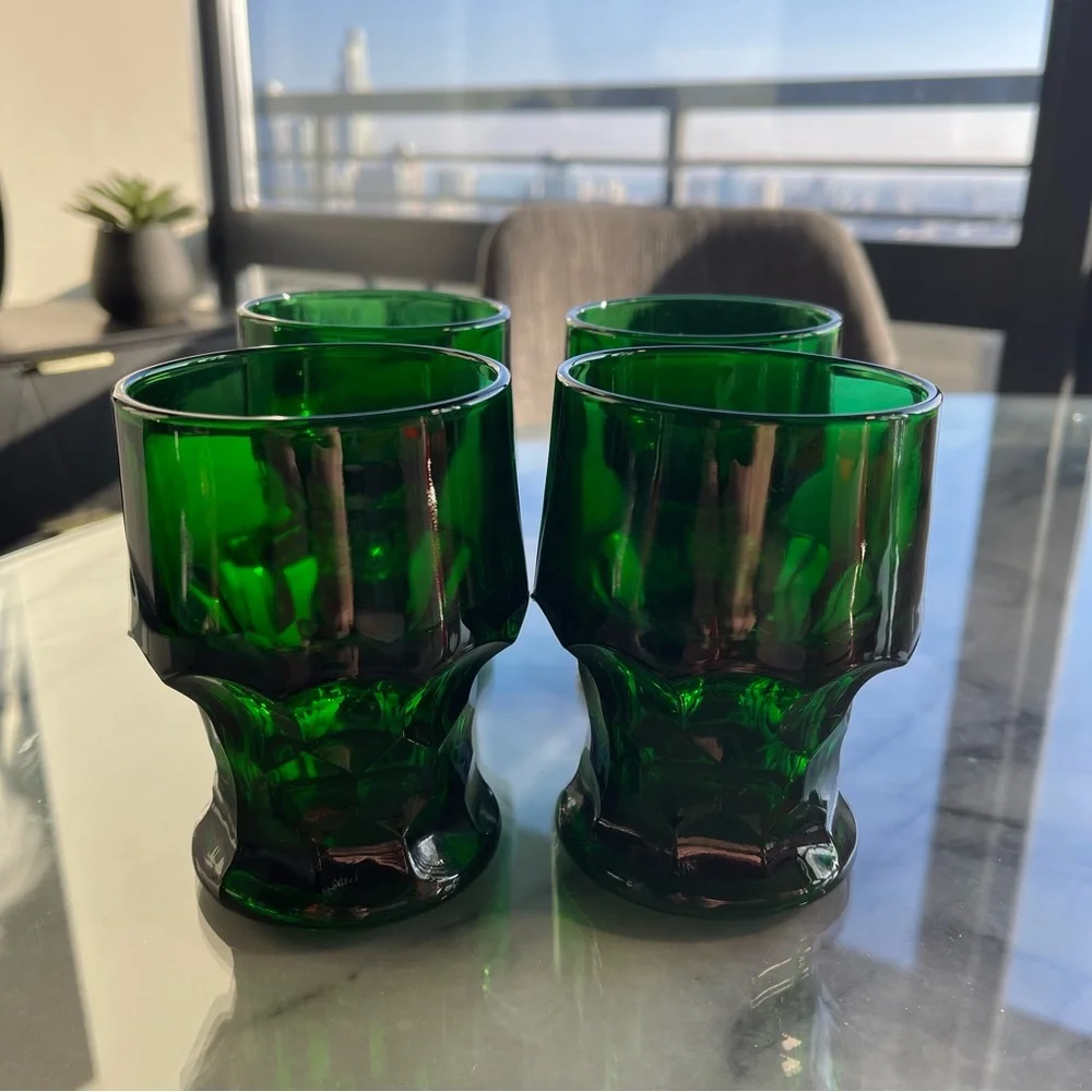Vintage Emerald Green MCM Tumbler Glasses Excellent Condition Set 4